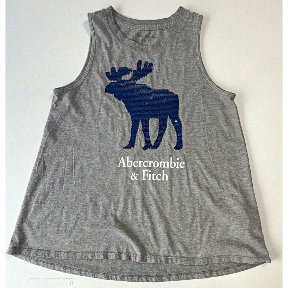 Abercrombie Kids Girls 11/12 Gray Sleeveless Crew Neck Sequin Moose Logo Tank